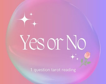 May include: A pink and purple gradient background with a white bubble in the center. The bubble has a white text that says "Yes or No" and the text "1 question tarot reading". There are white stars and a pink rose with a green stem in the bubble.