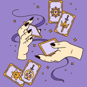 May include: A set of tarot cards with illustrations of a sword, a star, a skull, and an eye. The cards are being held by two hands on a purple background.