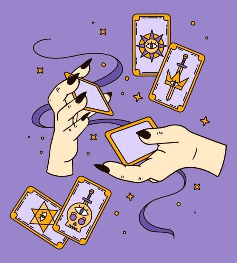 May include: A set of tarot cards with illustrations of a sword, a star, a skull, and an eye. The cards are being held by two hands on a purple background.