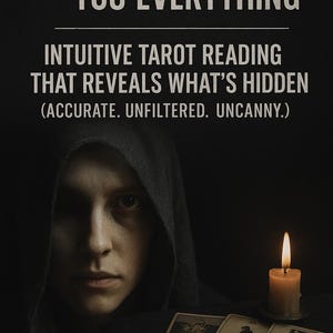 May include: A dark image featuring the text "THEY'RE NOT TELLING YOU EVERYTHING" and "INTUITIVE TAROT READING THAT REVEALS WHAT'S HIDDEN". A person in a hooded cloak is visible, along with tarot cards and a lit candle.