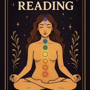 Może przedstawiać: Ilustracja osoby w pozycji siedzącej medytacji, z napisem "CHAKRA READING" u góry. Obraz ma ciemne tło z gwiazdami i kwiatem lotosu na dole. Ciało osoby jest ozdobione symbolami czakr.