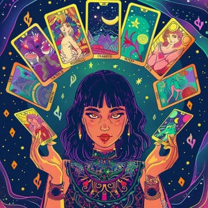 May include: A woman with dark purple hair and a colorful patterned shirt holds a spread of tarot cards in front of her. The cards are surrounded by a starry night sky.