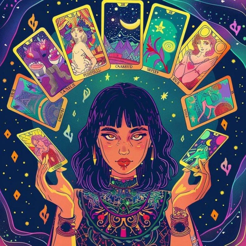 May include: A woman with dark purple hair and a colorful patterned shirt holds a spread of tarot cards in front of her. The cards are surrounded by a starry night sky.
