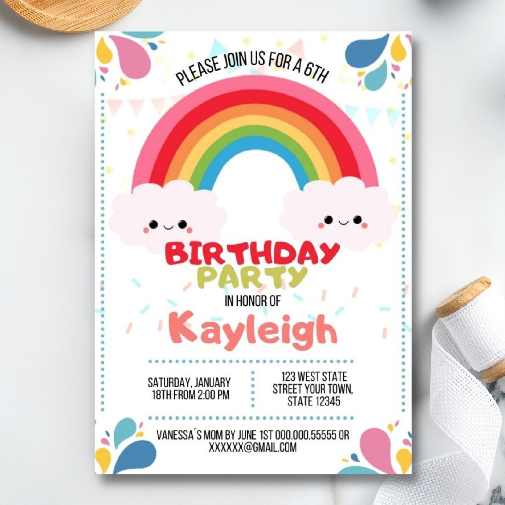 Personalised Rainbow Birthday Party Invitations - Set Of 12 A5 Handmade Cards For Girls & Children