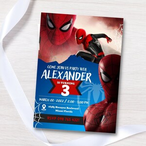 Afdrukbare en bewerkbare Spider Kid verjaardagsfeestje uitnodiging sjabloon, jongen Spider verjaardagsthema uitnodigen, canva bewerken, peuter verjaardagsfeestje