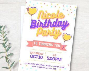 Editable and printable birthday girl party invitation template, kid birthday party invite, fun and colorful any age birthday party