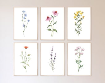 Arte de pared imprimible para guardería floral en acuarela de 6 piezas para niña