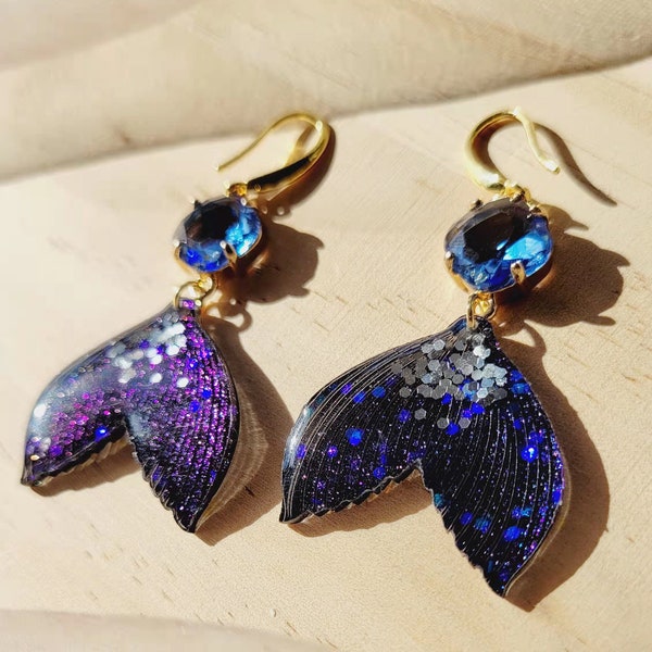 Dark blue Mermaid Tail Earrings with 18k gold plated hook