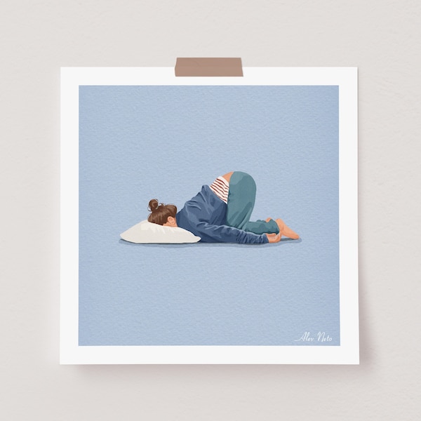 Funny bedroom art  illustratie, blue aquarel print, stay in bed wall art, lazy day, too tired to get out of bed, sleepy art illustration