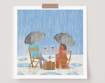 Rainy Summer, Summer vibes, rain, wine, illustration art, couple art, umbrella, wall art