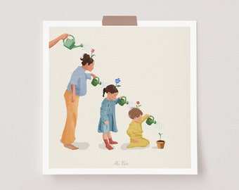 Together we Bloom, family art, flowers, motherhood, meaningful art, wall art, playroom decor, illustration print