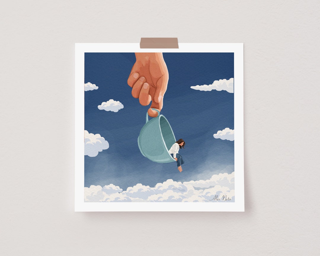 Cloudy Coffee Art, Dreamy Wall Art, Surreal Illustration Art, Coffee
