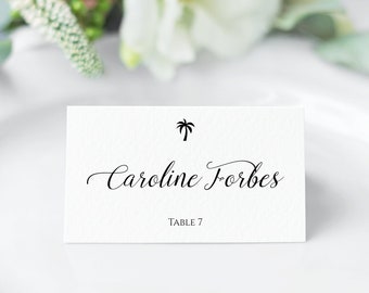 Wedding Place Card Template with Palm Tree, Printable Tropical Palm Tree Wedding Place Card, Beach Wedding Wedding Place Card, Elena