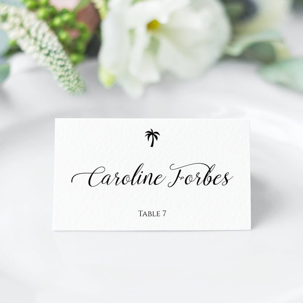 Wedding Place Card Template with Palm Tree, Printable Tropical Palm Tree Wedding Place Card, Beach Wedding Wedding Place Card, Elena