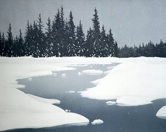 Prints of original acrylic paintings // Landscape Painting // Fine Art Print // Evening Snowfall, Cottonwood River, British Columbia, Canada