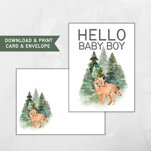Carte de douche de bébé imprimable et enveloppe / Hello Baby Boy / Woodland / Téléchargement instantané / Carte de voeux numérique 5 x 7 / Baby Shower PDF