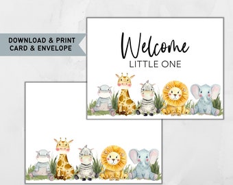 Printable Baby Shower Card and Envelope / Welcome Little One / Safari / Instant Download / 5x7 Digital Greeting Card / Baby Shower PDF