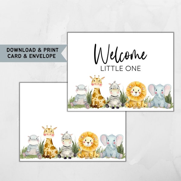 Printable Baby Shower Card and Envelope / Welcome Little One / Safari / Instant Download / 5x7 Digital Greeting Card / Baby Shower PDF