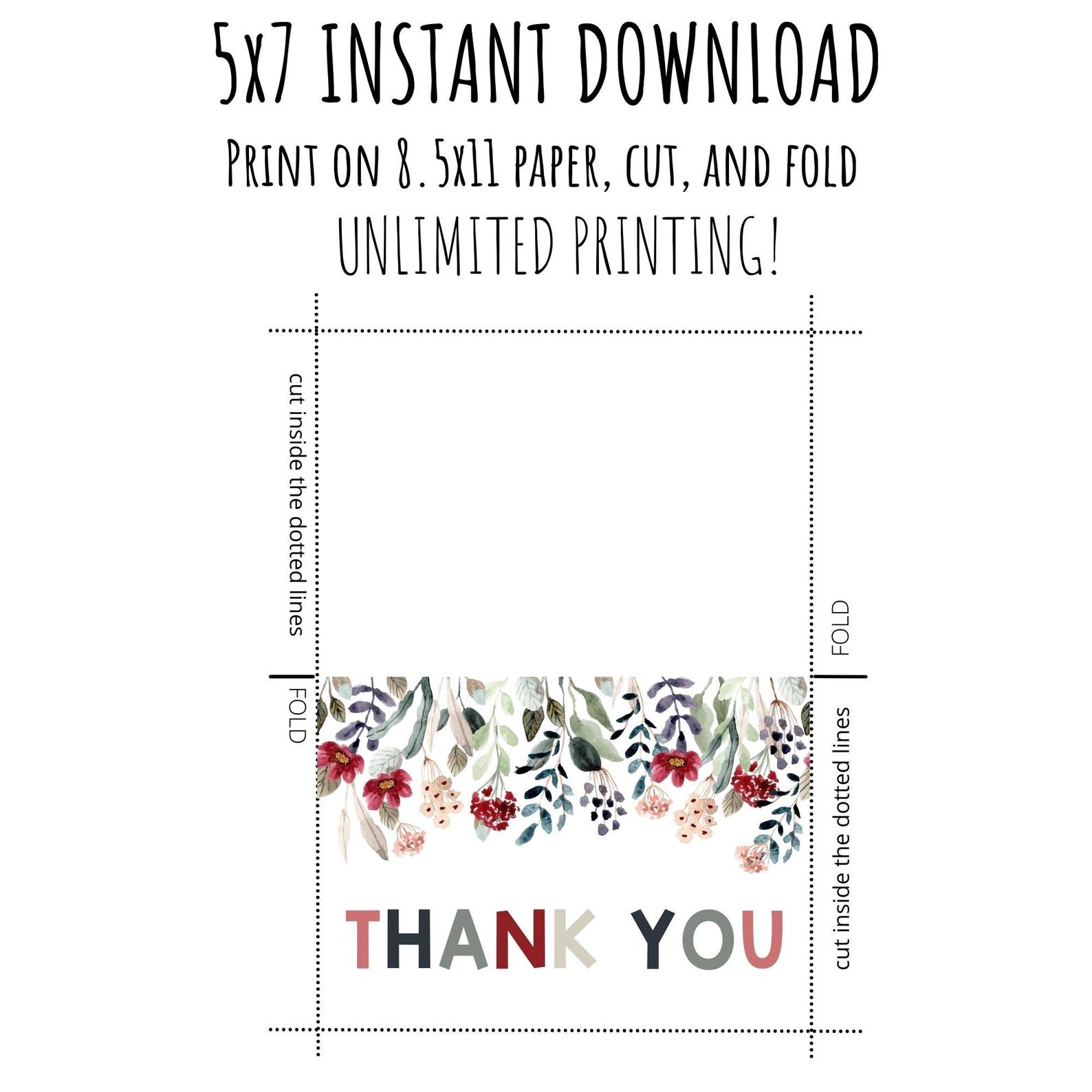 Printable Thank You Card / Instant Download / 5x7 Digital Greeting Card ...