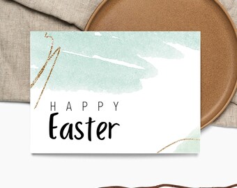 Printable Easter Card / Happy Easter Card / Mint & Gold Watercolor / Instant Download / 5x7 Digital Greeting Card / Easter PDF