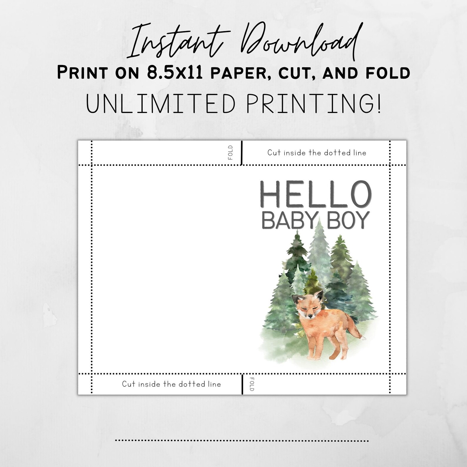 Printable Baby Shower Card and Envelope / Hello Baby Boy / Woodland ...