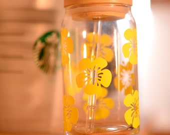 Hibiscus Flower Libbey Glass, Iced Coffee Cup, Personalized Gift