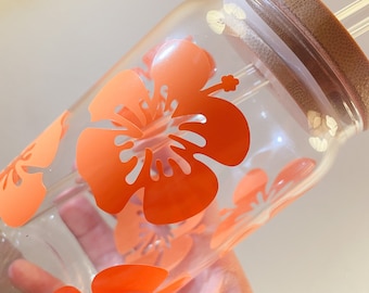Custom Hibiscus Flower Libbey Glass with Lid & Straw