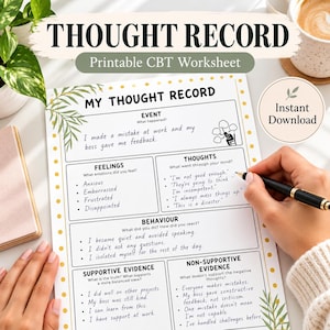 May include: A printable CBT worksheet titled My Thought Record with sections for event, feelings, thoughts, behaviour, supportive evidence, and non-supportive evidence. The page features a yellow polka dot border and green leaf illustrations.