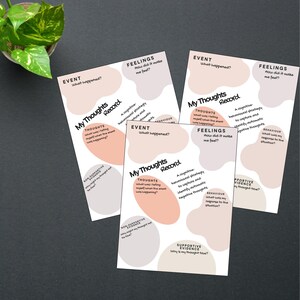 May include: Three "My Thoughts Record" sheets with a light peach and gray design. Each sheet has sections for "Event," "Feelings," "Thoughts," and "Behavior." The sheets are designed to help record and analyze thoughts and feelings.