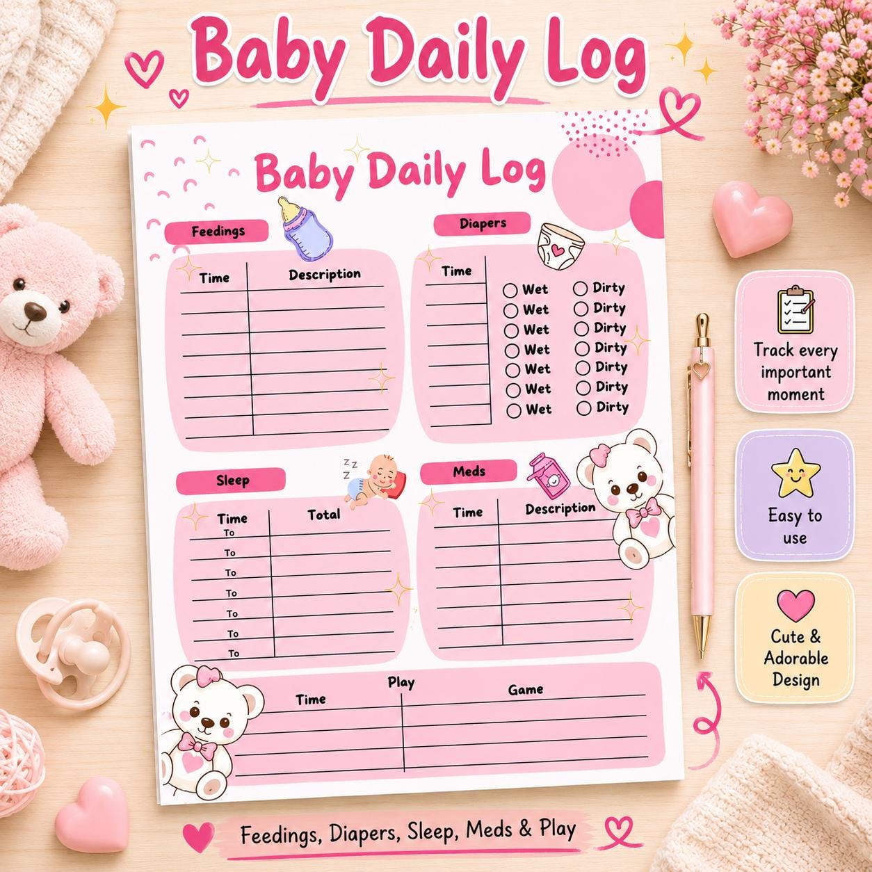 Magnetic Baby Daily Log Notepad: Infant Tracker, Nanny Babysitter Log ...