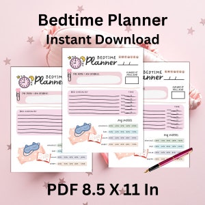 May include: A pink and white Bedtime Planner instant download, featuring three sheets with a clock, moon, and star design. The planner includes sections for tracking reading, a bed checklist, and mood tracking. The PDF size is 21.6 x 27.9 cm.