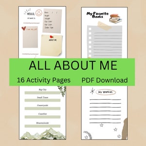 May include: A printable "All About Me" activity booklet with 16 pages. The cover features a green background with the title "All About Me" in white text and the words "16 Activity Pages" and "PDF Download" in black text. The booklet includes pages for personal information, favorite books, and a wishlist.