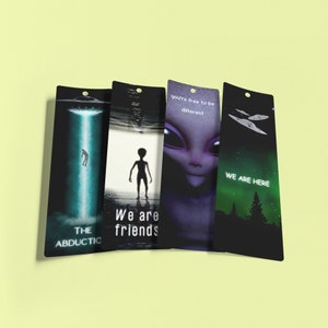 Alien Bookmarks, UFO Bookmarks, Aliens Abduction, Gift for Book Lovers, Space Alien Bookmarks, Extraterrestrial Bookmarks (Set of 4)