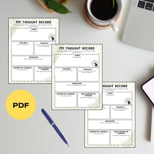 May include: Three printable worksheets with a green leafy design and gold stars. The worksheets are titled "My Thought Record" and include sections for "Event", "Feelings", "Thoughts", "Behavior", "Supportive Evidence", and "Non-Supportive Evidence".