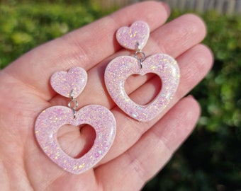 Colour changing UV pink heart earrings, pink jewellery, kawaii heart shaped jewellery, glitter earrings
