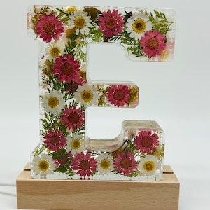 Luminária de resina com alfabeto | Luz noturna personalizada com letras florais | Iniciais de resina personalizadas | Decoração exclusiva para casa | Luz LED personalizável