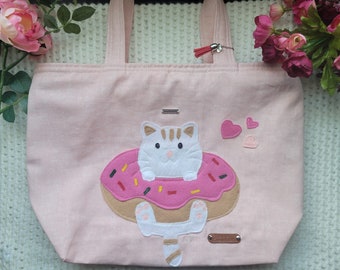 Cat tote bag | shoulder market purse | large purse | felt applique decorations | accessory