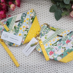 Striped patchwork pouch | cosmetics bag with wristlet | travel bag | accessories