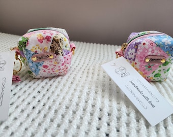 Patchwork quilted cube shaped pouch | Small keychain pouch | accessory |