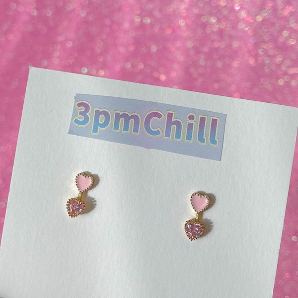 Pink Double Hearts Enamel Earrings, Pink Gemstone Stud Earrings, Pink Crystal Earrings,  Heart Pink Sapphire Stud Earrings, Gift for her