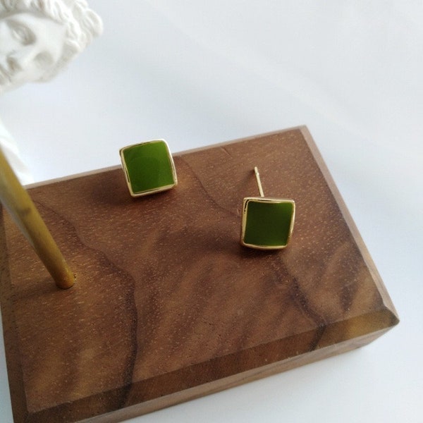 Tiny Square Green Stud Earrings, Vintage Style Green Earrings, Simple Green Square Stud