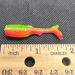 Könnte beinhalten: Ein farbenfroher Angelköder in Fischform. Der Köder ist hauptsächlich grün, orange und rot, mit schwarzen Sprenkeln. Er ist etwa 2,5 cm lang, wie auf dem Lineal im Bild angegeben. Der Köder hat einen gebogenen Schwanz.