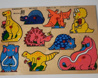 Vintage Discovery World Dinosaurs - Frame-Tray Jigsaw Puzzle, 9 Pieces, Comic Dinosaurs with Handles, 1.5 - 5 Years