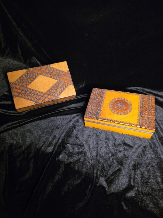 Polish Folk Art Box: Handmade Hinged Wooden Box, Etched Designs, Vintage