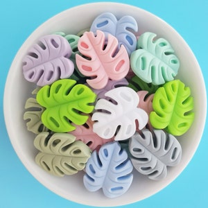 Könnte beinhalten: Eine Schüssel gefüllt mit Monstera-Blattformen aus Silikon in verschiedenen Pastellfarben, darunter Grün, Rosa, Blau, Grau und Lila.
