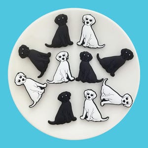 Op de afbeelding: Een verzameling zwarte en witte hondensilhouet-charms. De charms zijn in een cirkel op een wit bord gerangschikt.