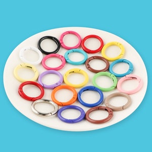 May include: Assortment of 20 colorful metal key rings with a spring-loaded clasp. The key rings are arranged in a circle on a white plate. The colors include red, orange, yellow, green, blue, purple, pink, and black.