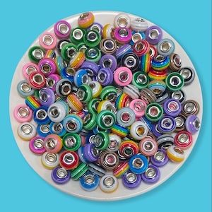 14mm Mix Rainbow Striped European Charm Beads fit European Charm Bracelet and Necklace,DIY Large Hole Acrylic Beads
