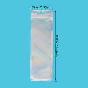 May include: A clear, resealable plastic bag with a hang hole, measuring 2.56 inches wide and 9.45 inches long. The bag is empty and has a zipper closure. The background is a solid light blue.