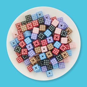 14mm Plaid Print Square Beads,Acrylic Checkerboard Cube Charms